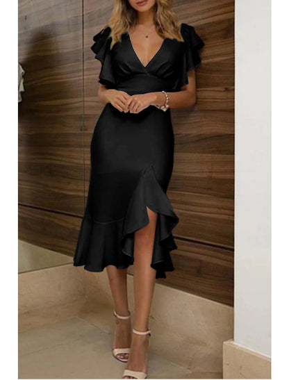 Wholesa Mermaid / Trumpet Wedding Guest Dresses Elegant Dress Wedding Party Semi Formal Asymmetrical Short Sleeve V Neck Polyester with Ruffles Pure Color