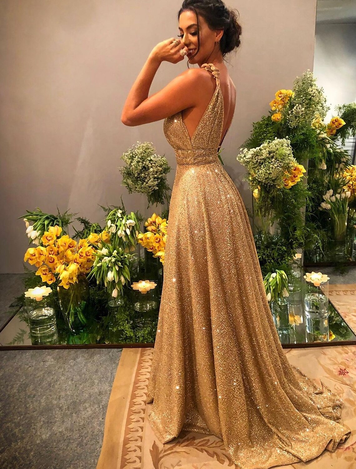 Wholesale A-Line Prom Dresses Glittering Dress Evening Party Sweep / Brush Train Sleeveless Spaghetti Strap Stretch Satin Backless with Rhinestone