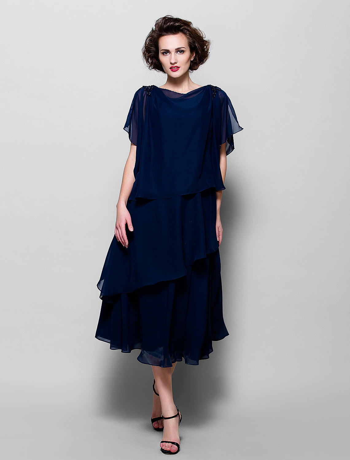 Wholesa  A-Line Mother of the Bride Dress Plus Size Elegant Cowl Neck Tea Length Chiffon Short Sleeve with Ruffles Crystal Brooch