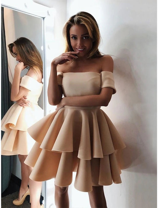 wholesale  A-Line Cocktail Dresses Minimalist Dress Graduation Knee Length Short Sleeve Off Shoulder Pink Dress Satin with Tiered