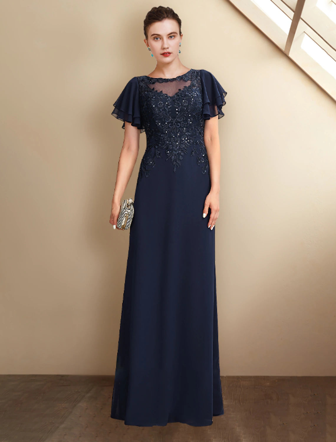 wholesale A-Line Mother of the Bride Dress Plus Size Elegant Jewel Neck Floor Length Chiffon Lace Short Sleeve with Sequin Appliques