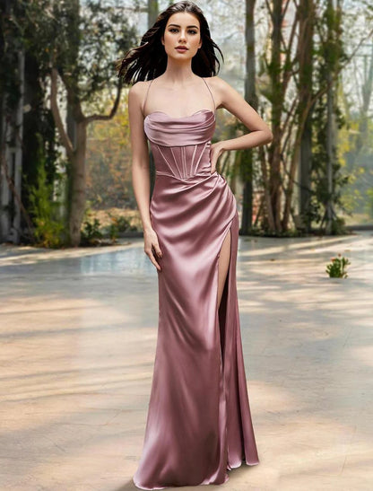 Wholesa Mermaid / Trumpet Prom Dresses Corsets Dress Wedding Guest Formal Evening Floor Length Sleeveless Spaghetti Strap Bridesmaid Dress Satin with Ruched Slit