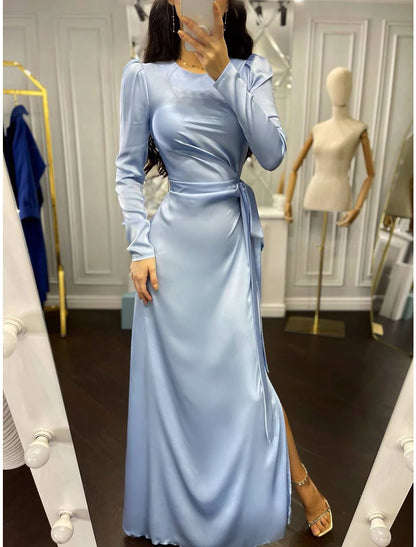 Wholesa Sheath Party Dress Evening Gown Elegant Dress Wedding Guest Fall Floor Length Long Sleeve High Neck Bridesmaid Dress Satin with Ruched