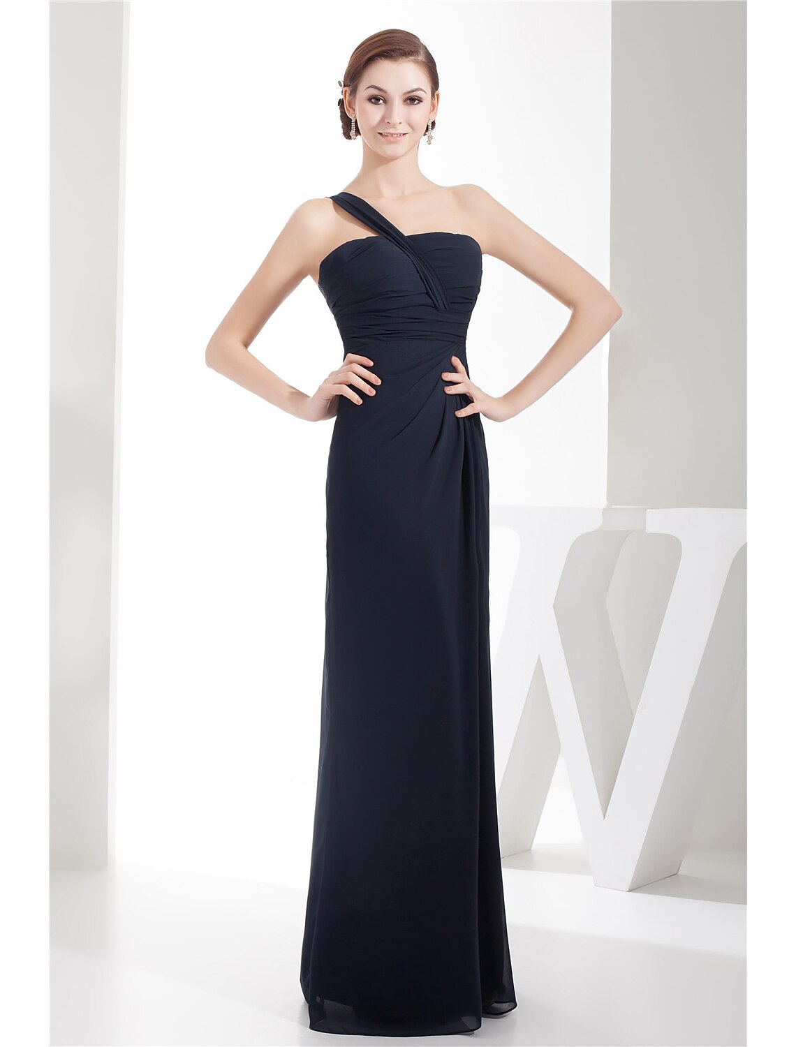 Wholesa Sheath / Column Evening Gown Minimalist Dress Wedding Guest Formal Evening Floor Length Sleeveless One Shoulder Chiffon with Ruched