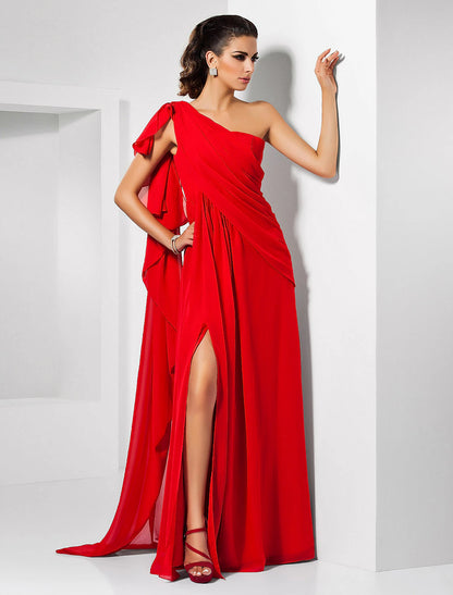 Wholesa  Sheath Christmas Red Green Dress Empire Wedding Guest Formal Evening Dress One Shoulder Sleeveless Floor Length Chiffon with Draping Slit