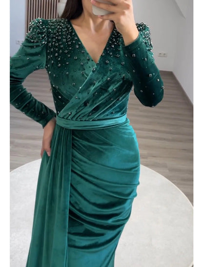 Wholesa Mermaid Party Dress Evening Gown Maxi Dress Formal Black Tie Gala Floor Length Long Sleeve V Neck Fall Wedding Guest Velvet with Ruched Pearls