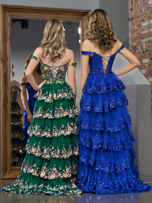 Wholesale Royal Blue Princess A Line Evening Dress Off the Shoulder Corset Prom Dress with Lace Ruffles