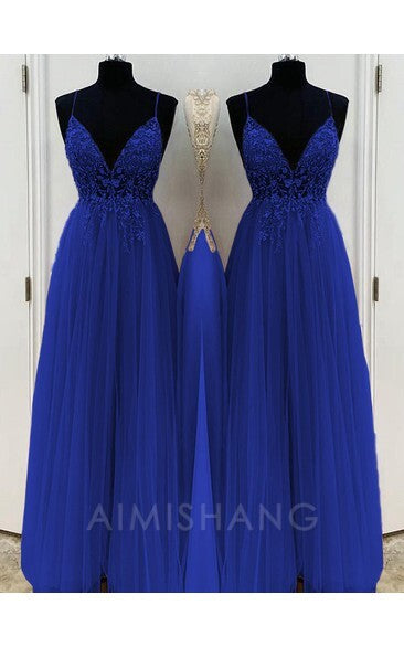 Aimishang A-Line Elegant Beading Tulle Spaghetti Straps Sleeveless Floor-Length Prom Dresses