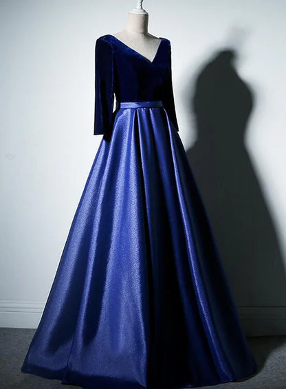 Pretty Blue Long Sleeves Satin with Velvet Party Dress A-line Long Prom Dress Elegant Evening Dress Wholesale