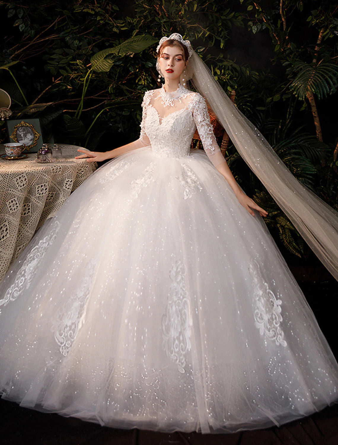 Wholesale Wedding Dresses Floor Length Ball Gown Half Sleeve High Neck Lace With Appliques Bridal Gowns