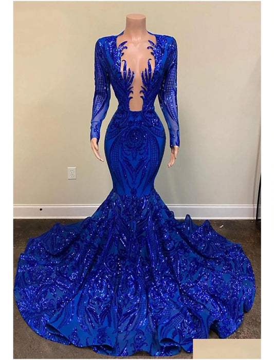 Wholesa  Mermaid / Trumpet Evening Gown Sparkle & Shine Dress Carnival Formal Court Train Long Sleeve V Neck African American Sequined with Beading Sequin