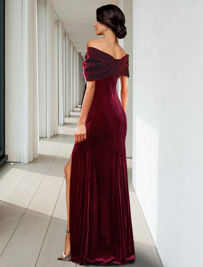 Wholesa  Sheath / Column Evening Gown Elegant Dress Wedding Guest Cocktail Party Floor Length Sleeveless V Neck Velvet with Pleats Ruffles