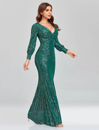 Wholesale Mermaid / Trumpet Evening Gown Sparkle Dress Party Wear Floor Length Long Sleeve V Neck Sequined with Sequin