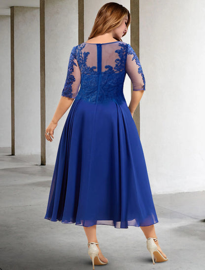 Wholesa  A-Line Mother of the Bride Dresses Plus Size Hide Belly Curve Elegant Dress Formal Tea Length Half Sleeve Jewel Neck Chiffon with Pleats Sequin Appliques Fall