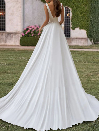 Wholesa Hall Casual Wedding Dresses A-Line V Neck Sleeveless Sweep / Brush Train Chiffon Bridal Gowns With Pleats Pearls