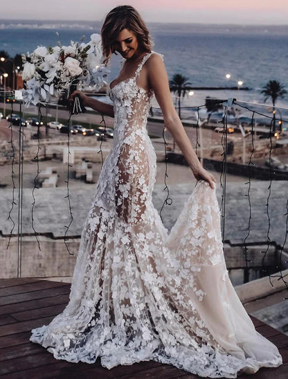 Wholesale Beach Sexy Boho Wedding Dresses Mermaid / Trumpet Sweetheart Regular Straps Court Train Lace Bridal Gowns With Appliques Summer Fall Wedding Party