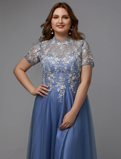 Wholesale A-Line Plus Size Dress Wedding Guest Floor Length Short Sleeve High Neck Lace Lace-up with Appliques