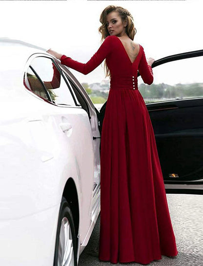 wholesale A-Line Evening Gown Empire Dress Holiday Floor Length Long Sleeve V Neck Chiffon V Back with Slit Pure Color