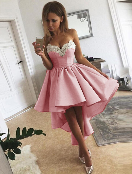 wholesale  A-Line Cocktail Dresses Minimalist Dress Homecoming Asymmetrical Sleeveless Strapless Satin with Appliques