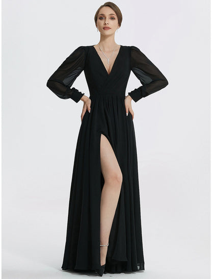 Wholesa  A-Line Evening Gown Elegant Dress Formal Floor Length Long Sleeve V Neck Chiffon with Slit