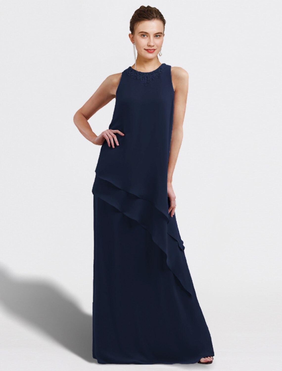 Wholesa  Two Piece A-Line Mother of the Bride Dress Plus Size Elegant Jewel Neck Floor Length Chiffon Sleeveless Wrap Included with Ruffles Appliques