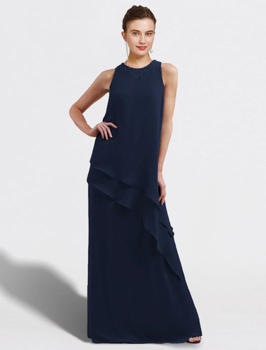 wholesale  Two Piece A-Line Mother of the Bride Dress Plus Size Elegant Jewel Neck Floor Length Chiffon Sleeveless Wrap Included with Ruffles Appliques