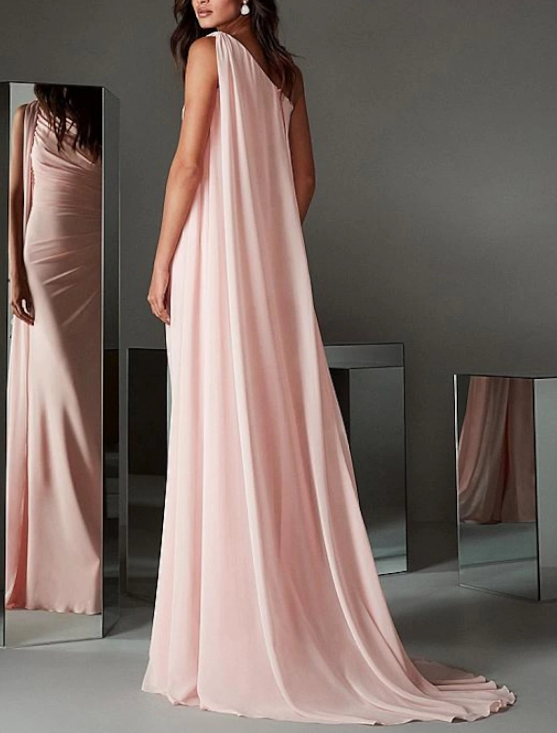 Wholesa Sheath / Column Evening Gown Elegant Dress Engagement Formal Evening Sweep / Brush Train Sleeveless One Shoulder Chiffon with Sleek