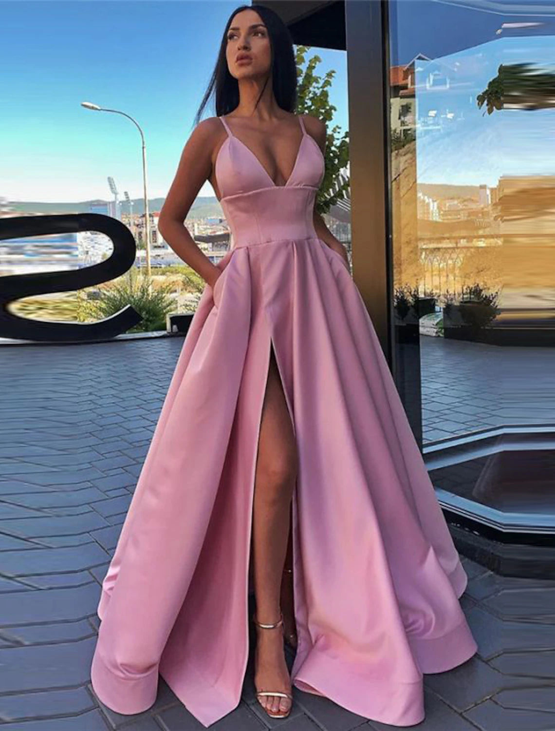 Wholesale A-Line Black Prom Dress High Split Evening Dress Formal Birthday Summer Dress Spaghetti Strap Sleeveless Sweep / Brush Train Satin with Pleats Split Front