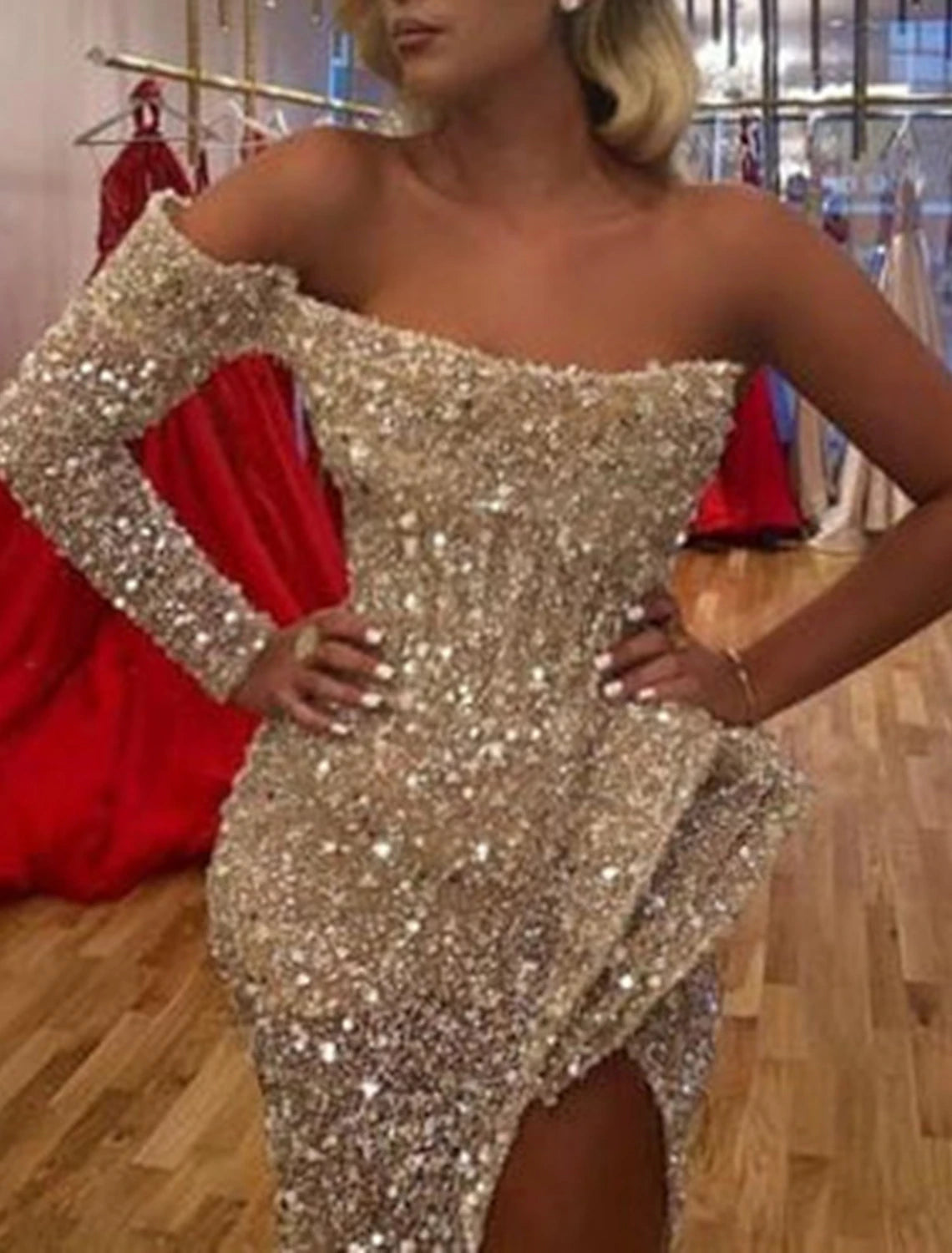 Wholesa Mermaid Dress Evening Gown Red Green Dress Formal Wedding Court Train Long Sleeve One Shoulder Sequined with Sequin Slit