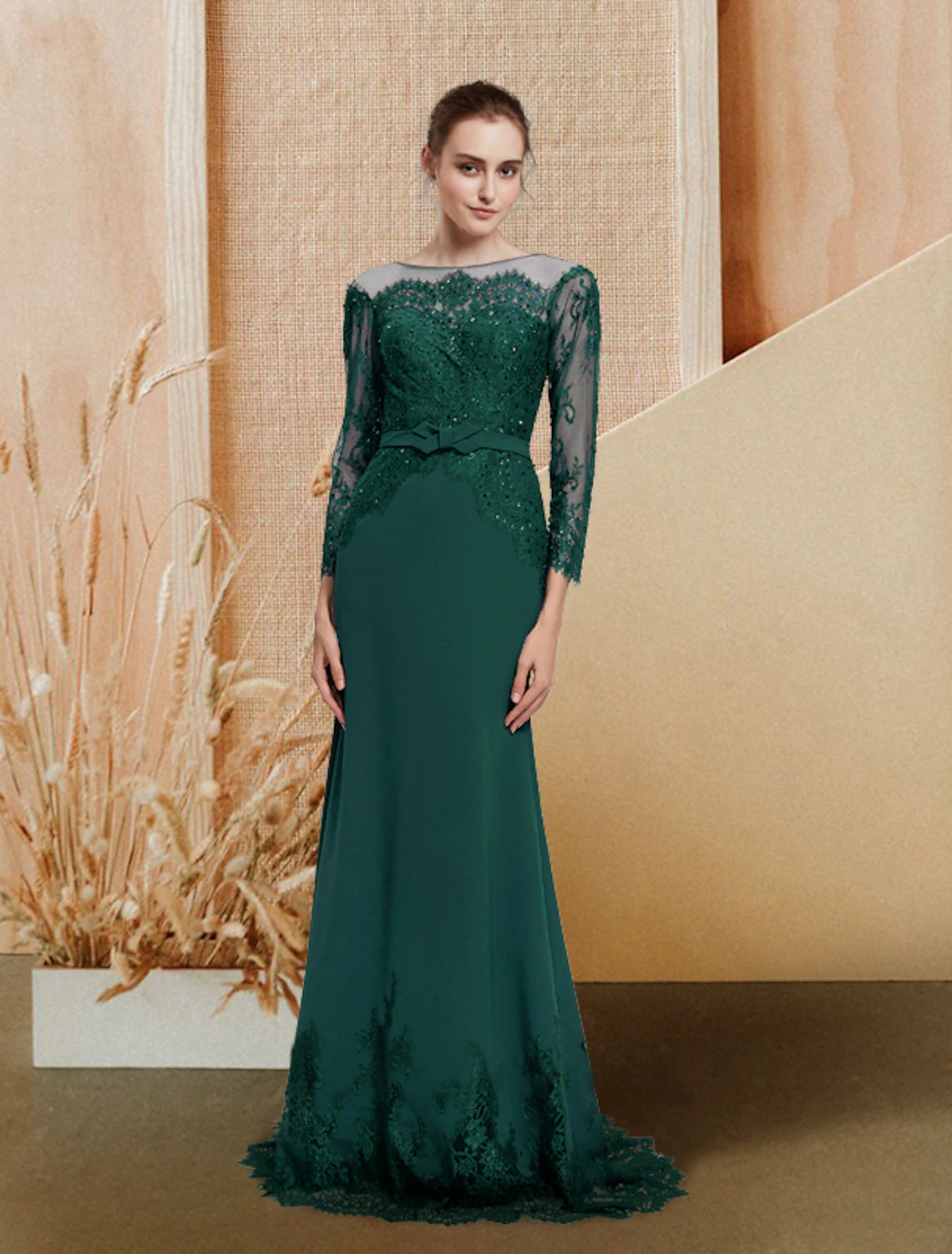 wholesale Mermaid / Trumpet Evening Gown Luxurious Dress Wedding Guest Sweep / Brush Train Long Sleeve Jewel Neck Chiffon with Bow(s) Sequin Appliques