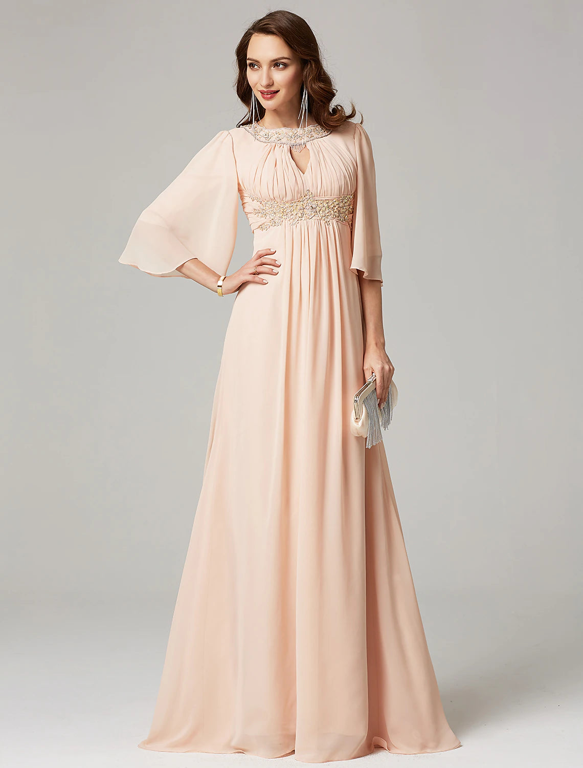 wholesale  A-Line Mother of the Bride Dress Luxurious Elegant Jewel Neck Sweep / Brush Train Chiffon Half Sleeve with Pleats Beading