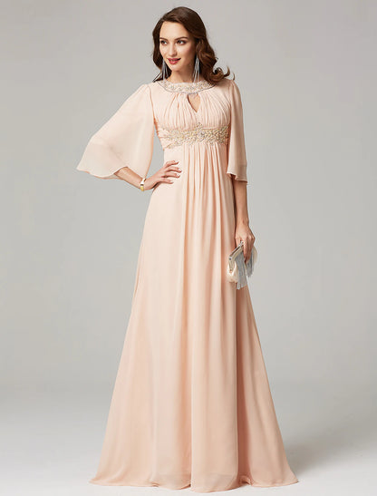 wholesale  A-Line Mother of the Bride Dress Luxurious Elegant Jewel Neck Sweep / Brush Train Chiffon Half Sleeve with Pleats Beading