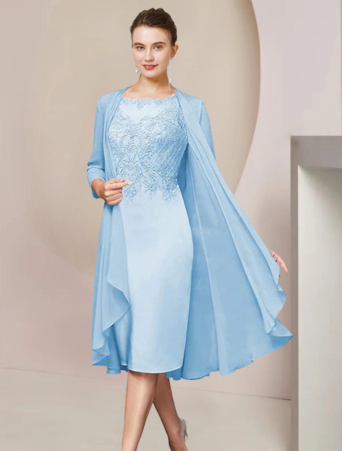 Wholesa Two Piece Sheath / Column Mother of the Bride Dress Formal Wedding Guest Elegant Scoop Neck Knee Length Chiffon Lace Half Sleeve Jacket Dresses with Appliques