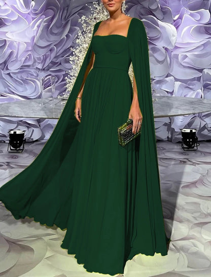 Wholesa  A-Line Evening Gown Elegant Cape Green Dress Formal Fall Floor Length Long Sleeve Square Neck Chiffon with Pleats