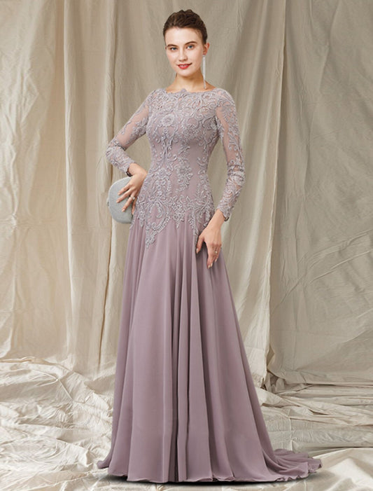 wholesale  A-Line Mother of the Bride Dress Elegant Jewel Neck Sweep / Brush Train Chiffon Lace Long Sleeve with Pleats Appliques