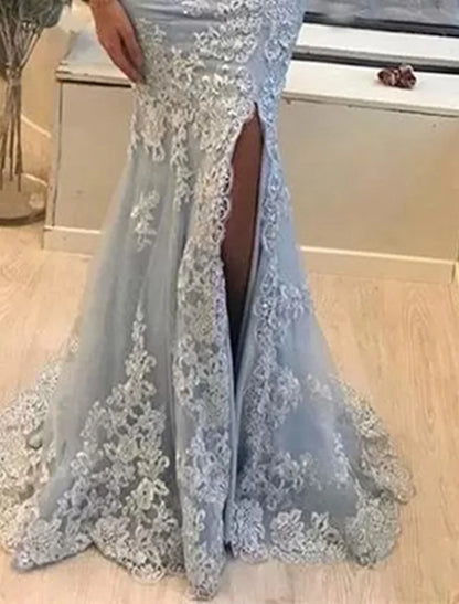 Wholesa Mermaid Party Dress Prom Dresses Luxurious Dress Formal Wedding Guest Sweep / Brush Train Sleeveless Off Shoulder Tulle with Slit Appliques