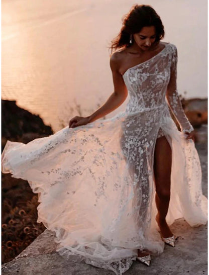 Wholesale Beach Sexy Boho Wedding Dresses A-Line One Shoulder Long Sleeve Sweep / Brush Train Lace Bridal Gowns With Split Front Summer Wedding Party