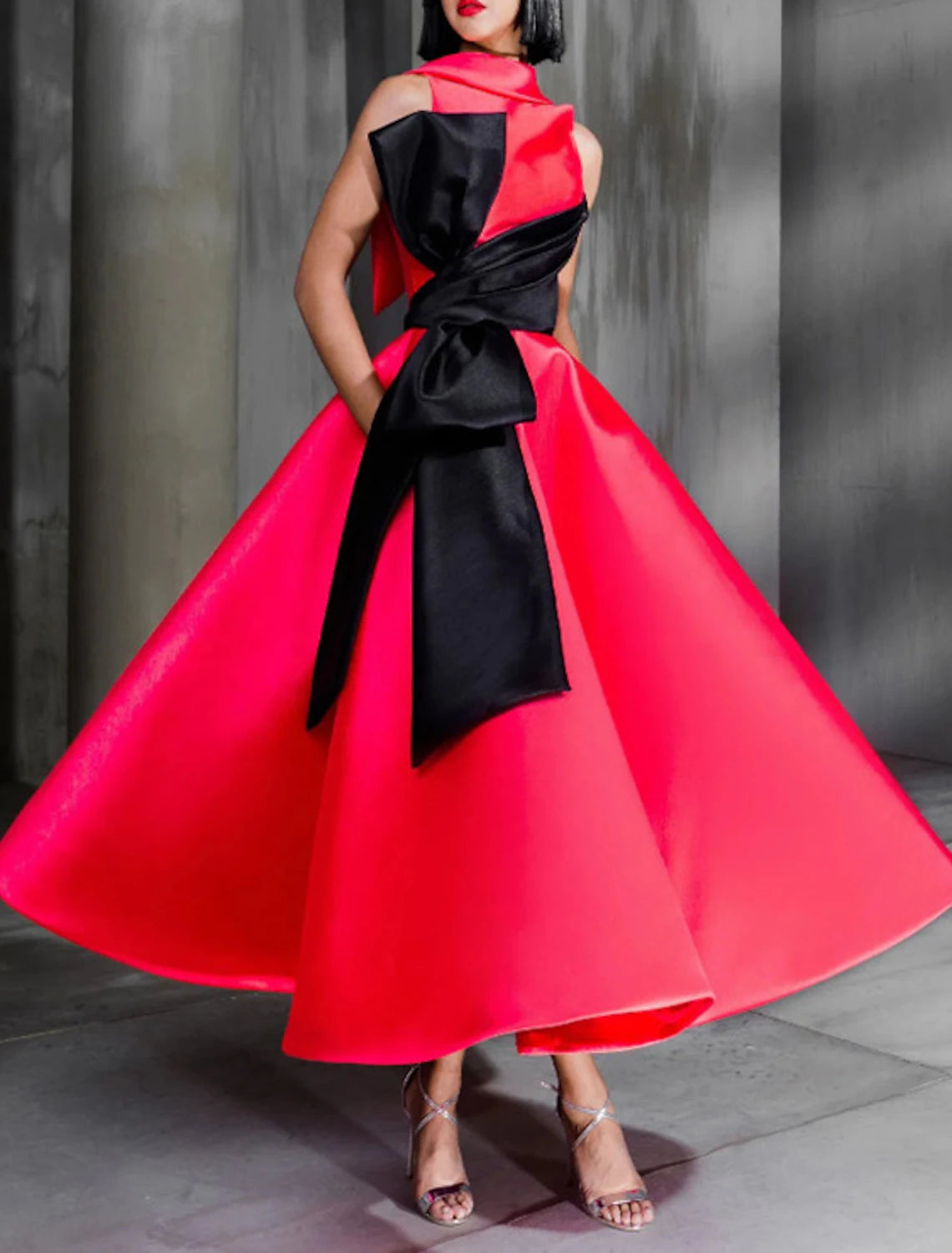 Wholesa Ball Gown Color Block Celebrity Style Elegant Prom Formal Evening Birthday Dress Red Green Dress High Neck Sleeveless Ankle Length Satin with Bow(s)