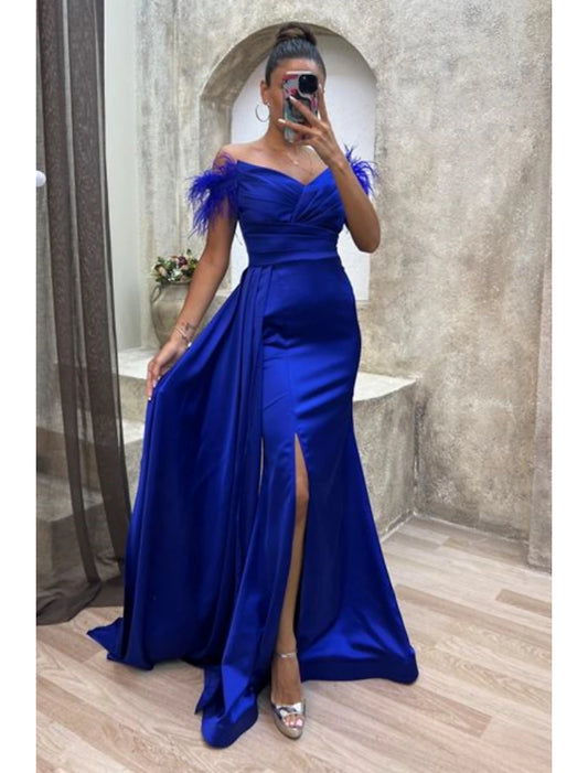 Wholesa A-Line Evening Gown High Split Dress Formal Fall Sweep / Brush Train Short Sleeve Off Shoulder Satin with Feather Ruched Slit