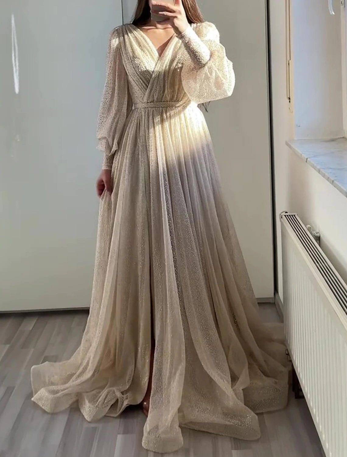 Wholesa A-Line Prom Dresses Elegant Dress Formal Black Tie Floor Length Long Sleeve V Neck Fall Wedding Guest Tulle with Ruched