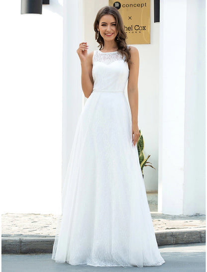 Wholesale Beach Wedding Dresses A-Line Scoop Neck Sleeveless Floor Length Lace Bridal Gowns With Lace 2023 Summer Wedding Party