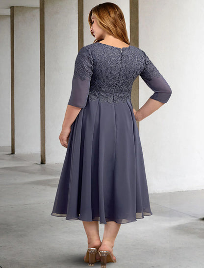 wholesale  A-Line Plus Size Curve Mother of the Bride Dresses Elegant Dress Formal Tea Length Half Sleeve V Neck Chiffon with Buttons Appliques Fall