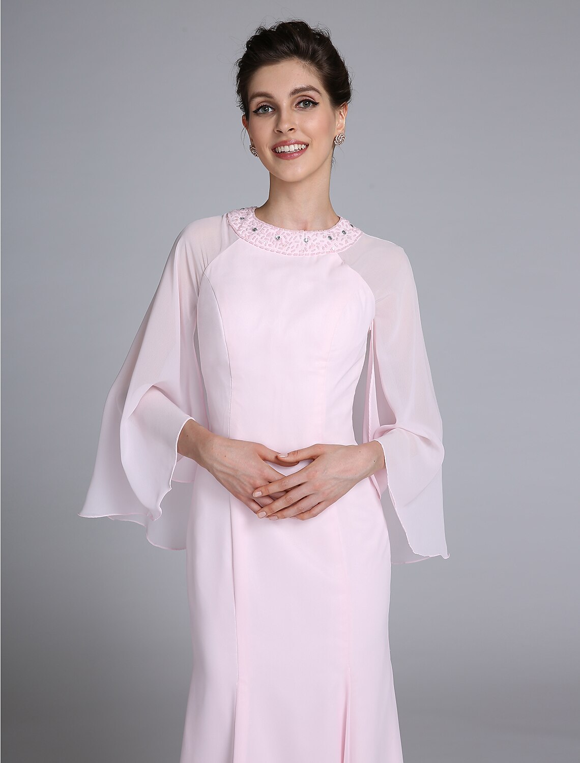 wholesale  Mermaid / Trumpet Mother of the Bride Dress Elegant Jewel Neck Ankle Length Chiffon Long Sleeve No with Beading