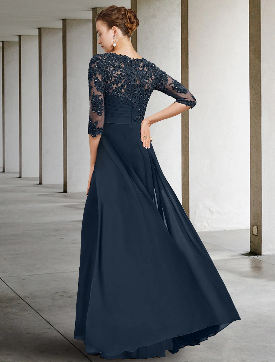 Wholesa Sheath / Column Mother of the Bride Dress Wedding Guest Elegant Jewel Neck Floor Length Chiffon Lace Half Sleeve with Sequin Ruching Solid Color