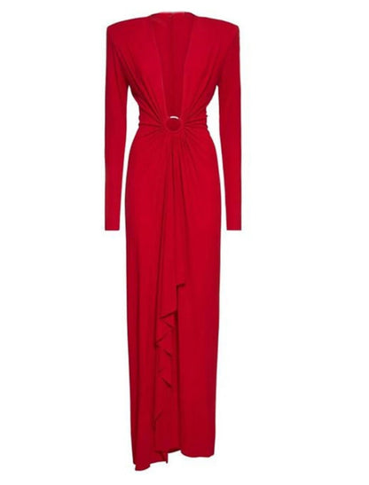 Wholesa  Sheath / Column Evening Gown Elegant Dress Formal Ankle Length Christmas Red Green Dress Long Sleeve V Neck Stretch Chiffon with Pleats Slit