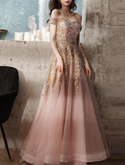 wholesale A-Line Prom Dresses Elegant Dress Formal Floor Length Short Sleeve Off Shoulder Polyester with Sequin