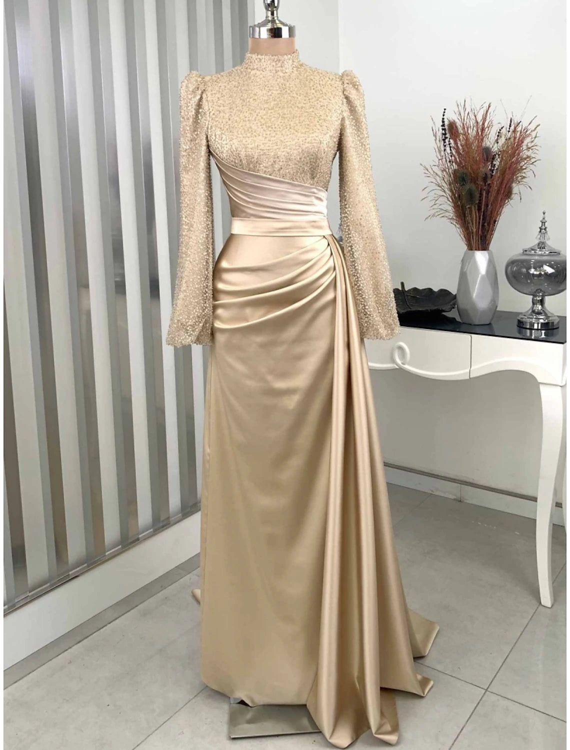 Wholesa A-Line Evening Gown Champagne Christmas Elegant Dress Formal Sweep / Brush Train Long Sleeve High Neck Satin with Glitter Pleats Ruched