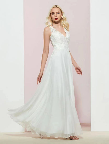 Wholesale A-Line Evening Gown Open Back Dress Wedding Party Floor Length Sleeveless V Neck Chiffon with Appliques