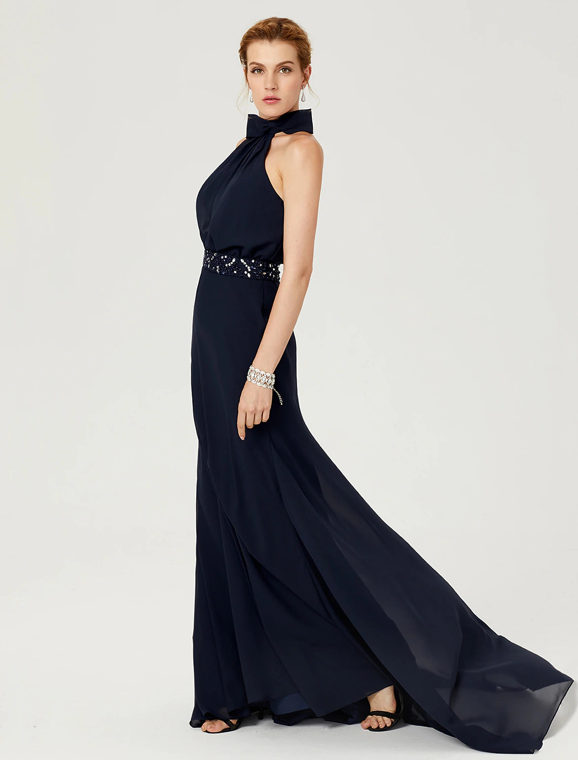 Wholesa Sheath / Column Elegant Holiday Cocktail Party Formal Evening Dress High Neck Sleeveless Court Train Chiffon with Sash / Ribbon Bow(s) Pleats