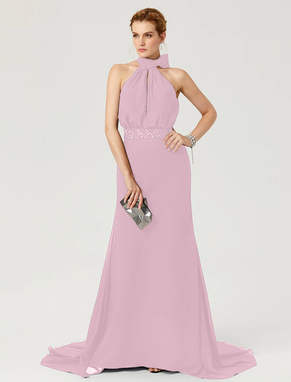 Wholesa Sheath / Column Elegant Holiday Cocktail Party Formal Evening Dress High Neck Sleeveless Court Train Chiffon with Sash / Ribbon Bow(s) Pleats